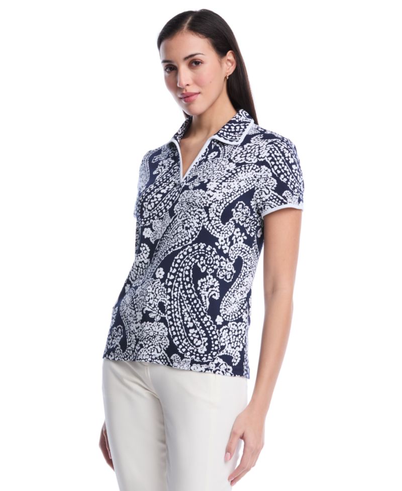 Petite Paisley Print Contrast Trim Johnny Collar Short-Sleeve Polo Shirt