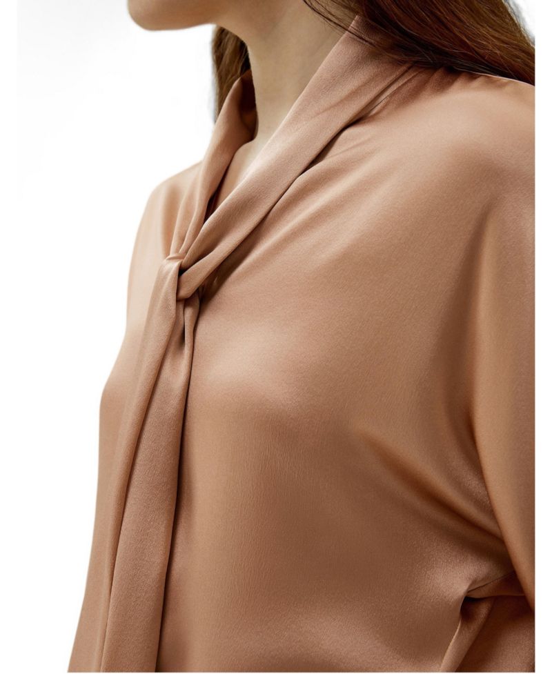 Women's Bat Sleeve Silk Top with Adjustable Neck Tie