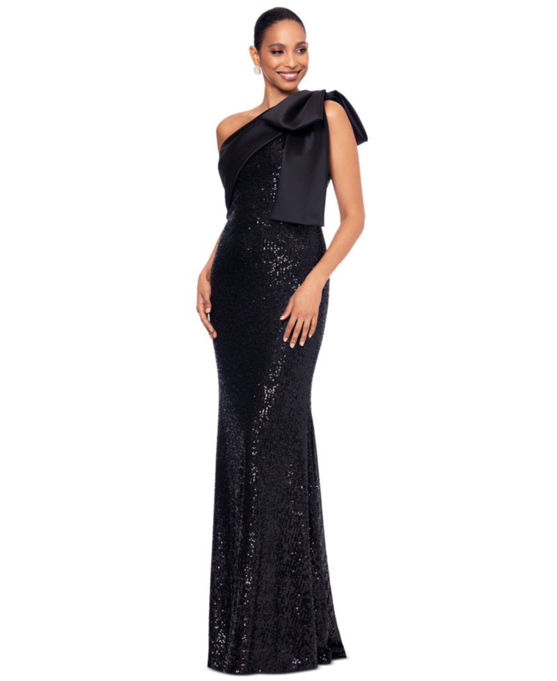 Women's Asymmetric Sequin Bow Sleeveless Gown