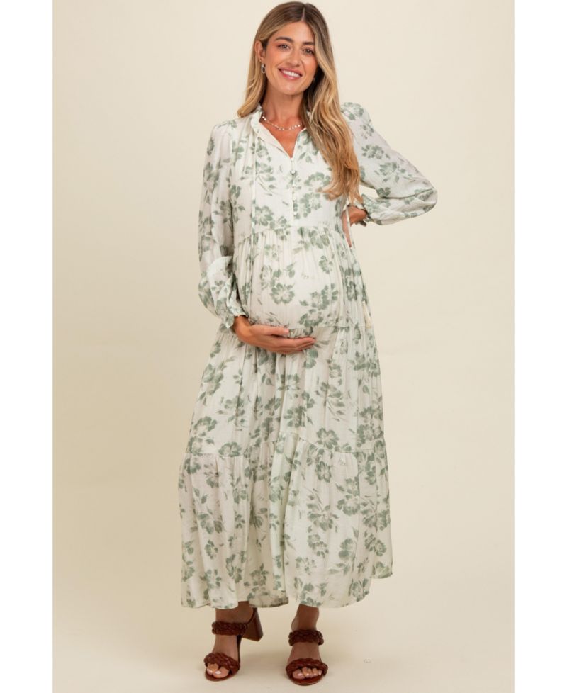 Women's Black Floral Button Front Tiered Long Sleeve Maxi Dress