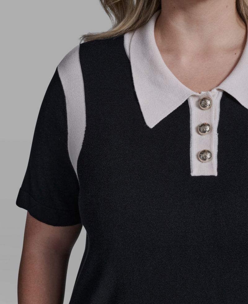 Plus Size Solid Short-Sleeve Polo Sweater