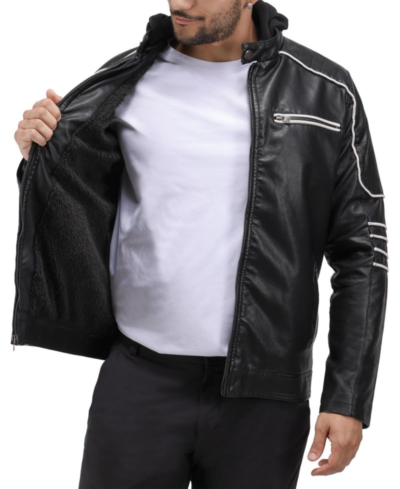 XRAY Men's Grainy PU Moto Jacket With Hood and Faux Shearling Lining