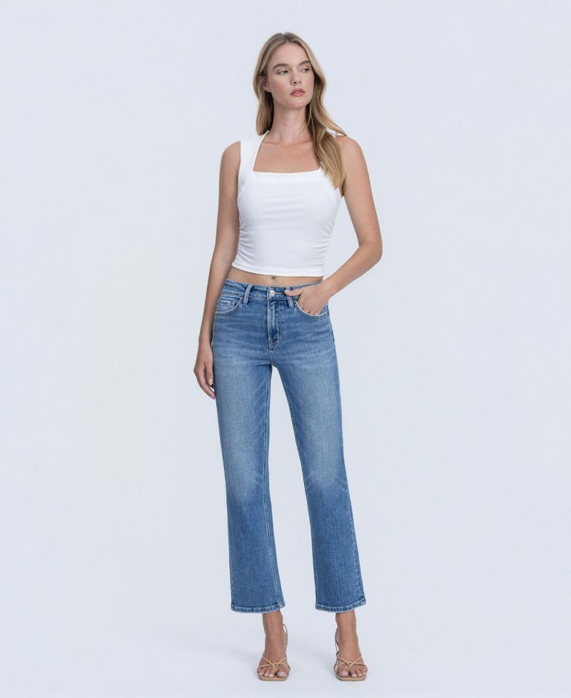 Women's High Rise Back Distressed Hem Ankle Straight Jeans