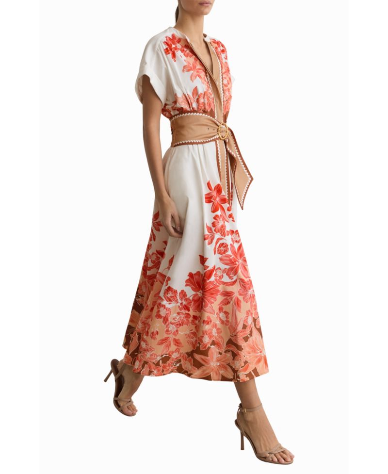 Women's Cotton Floral Belted with Stretch Midi Dress