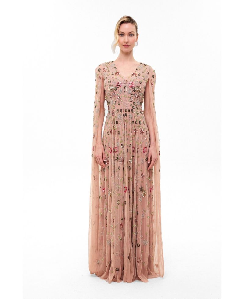 Women's Cape Sleeves Embellished Sequin Maxi Dress