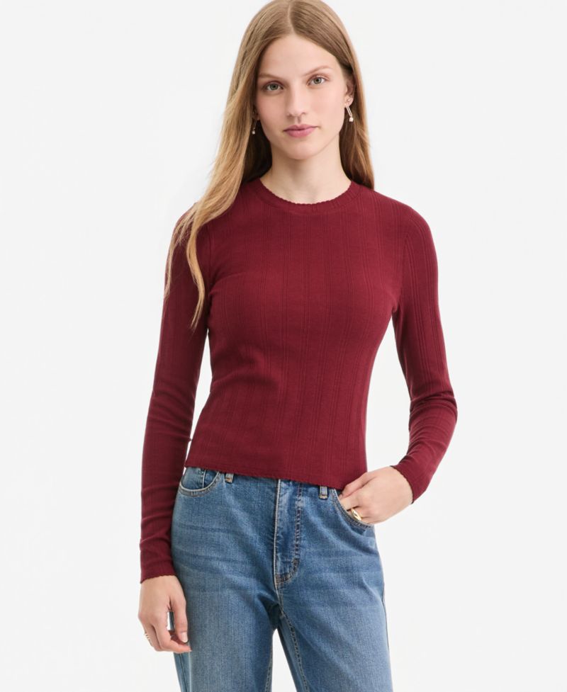 Plus Size Long-Sleeve Pointelle Cropped Meet & Greet T-Shirt