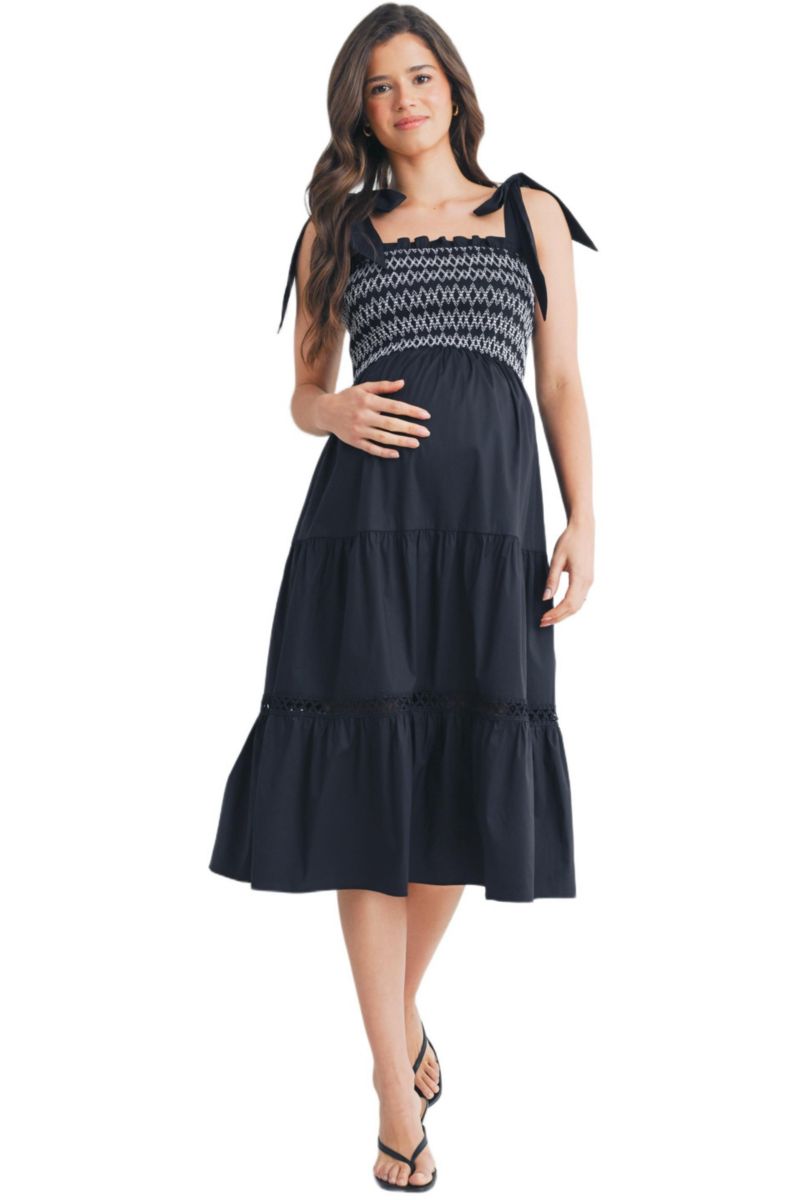 Women's Smocked Empire Waist Midi Dress with Shoulder Ties