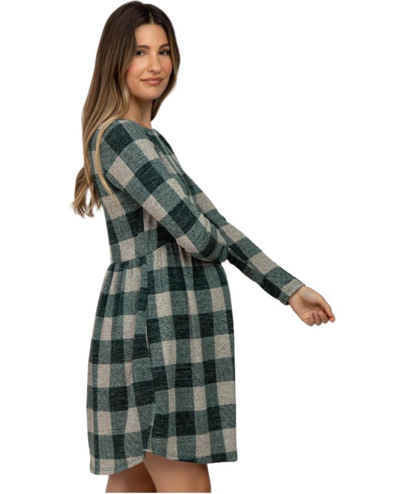 Women's Forest Green Plaid Knit Dress