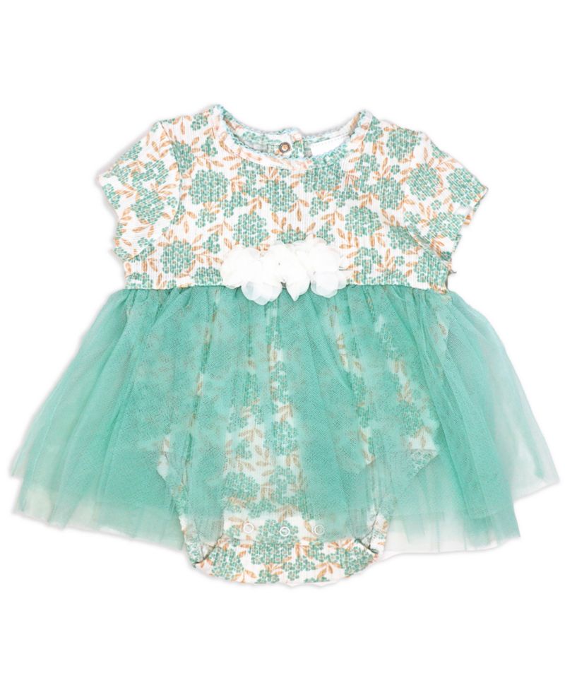 Baby Girls 2 Piece Aqua Floral Romper with Tulle Over Skirt and Matching Headband