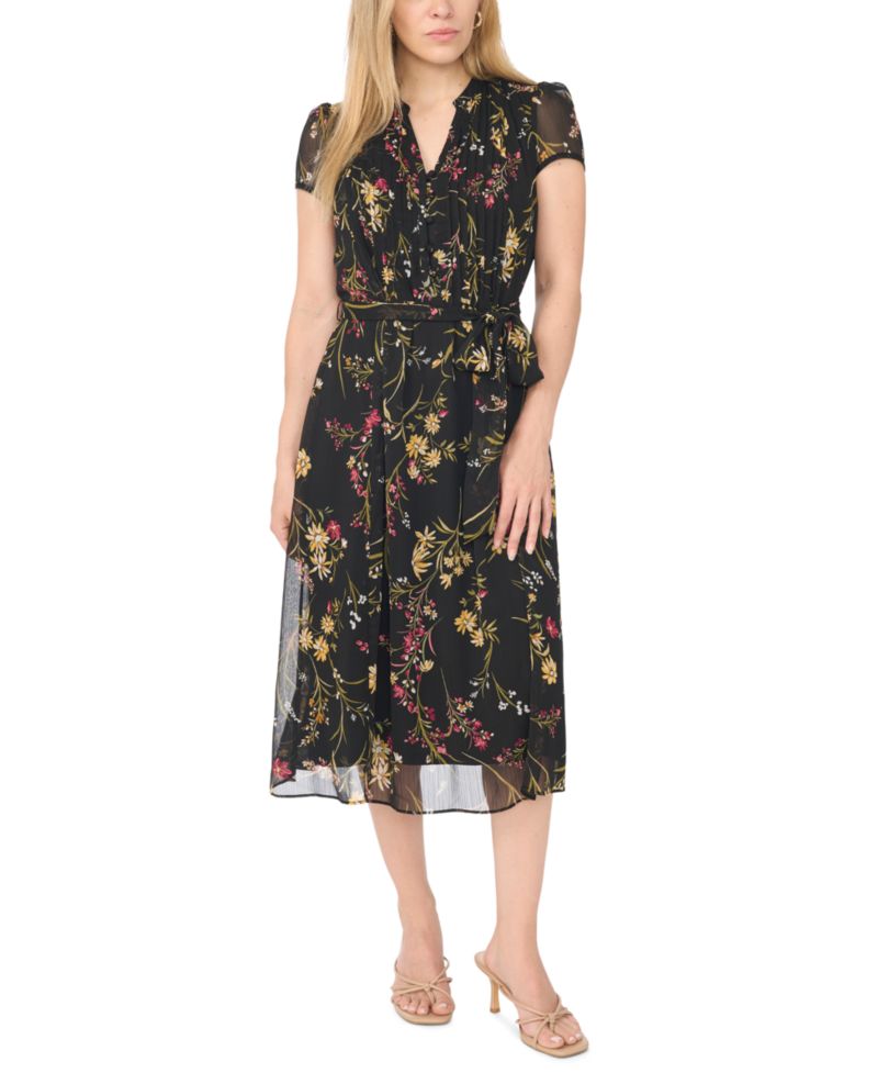 Petite Pintuck Floral-Print A-Line Midi Dress