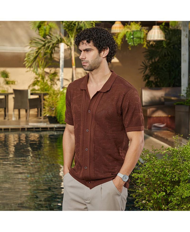 Men's Russet Brown Fluid-Knit Polo Shirt