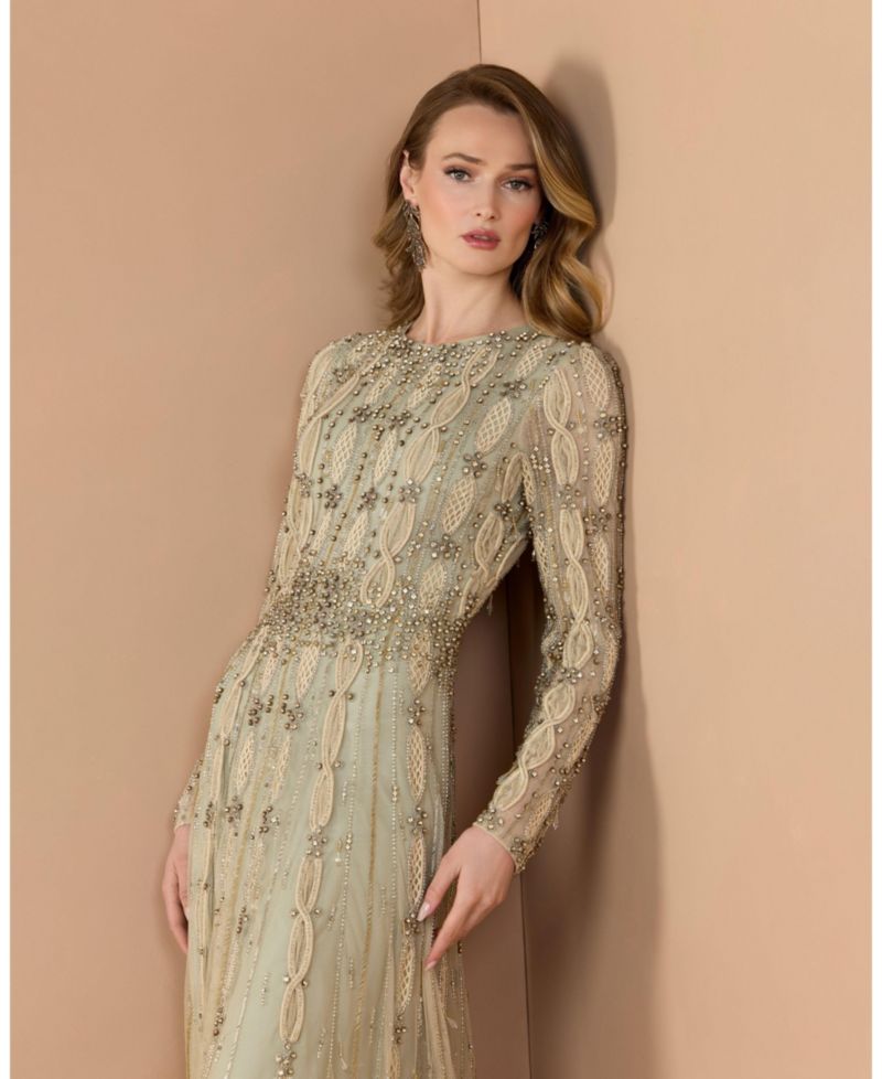 Women's Embellished Mesh Long Sleeve Evening Gown