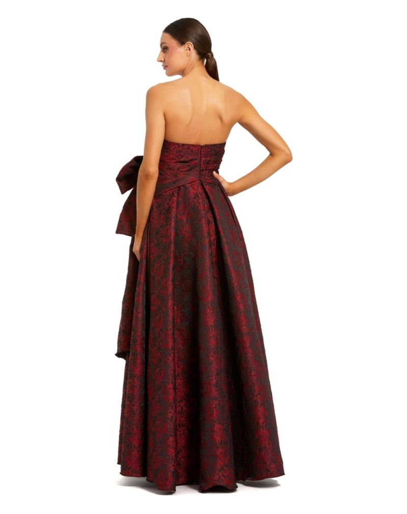 Women's Bow Detail Strapless Floral Brocade Evening Gown