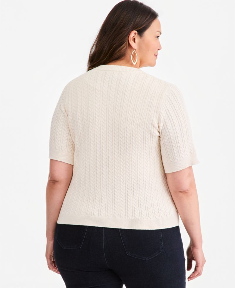 Petite Cable-Knit Short-Sleeve Crewneck Cardigan