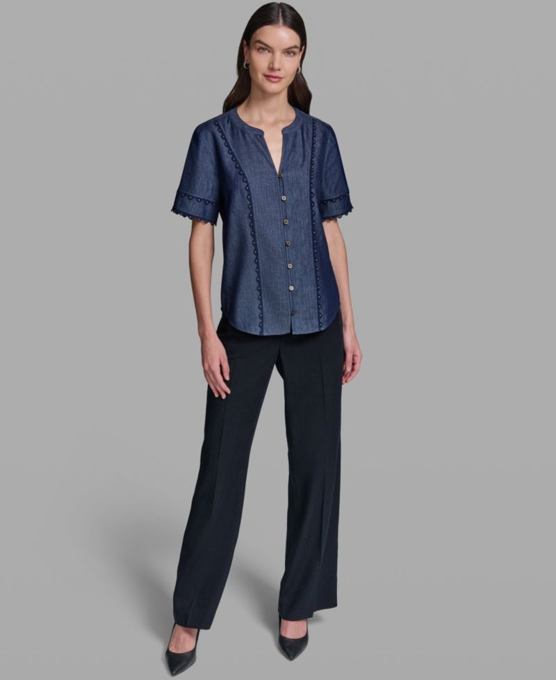 Women's V-Neck Nailhead Trim Short-Sleeve Blouse