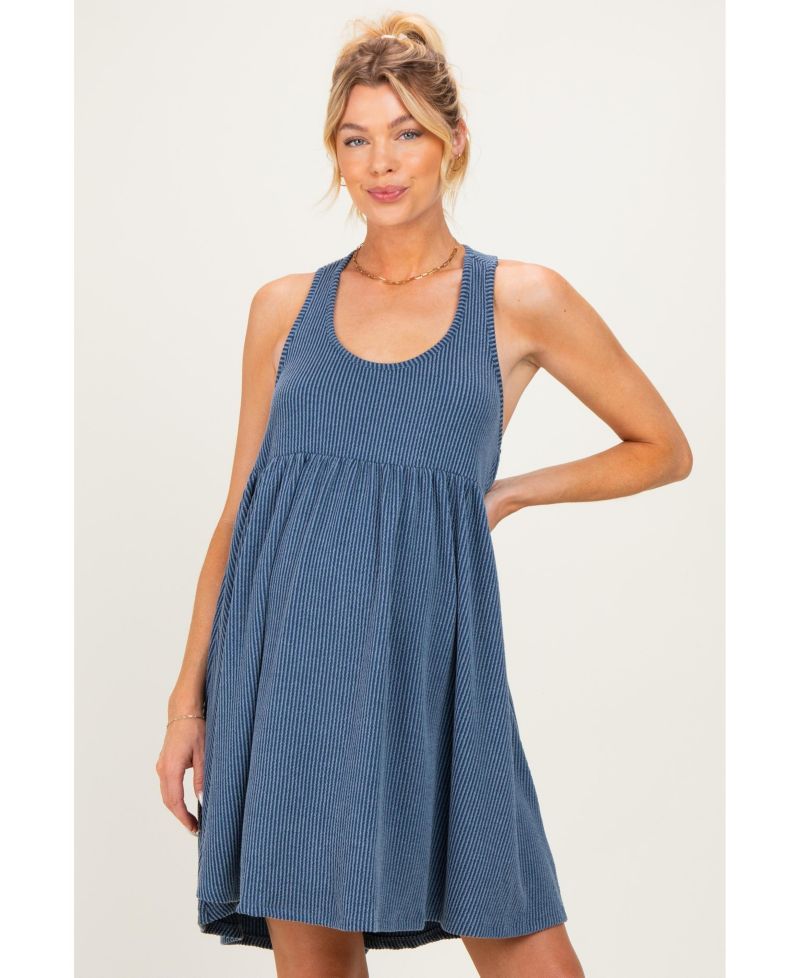 Women's Blue Ribbed Sleeveless Open Back Midi Dress