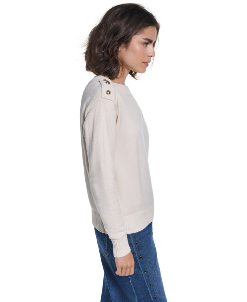 Women's Button Shoulder Boat Neck Long-Sleeve Sweater