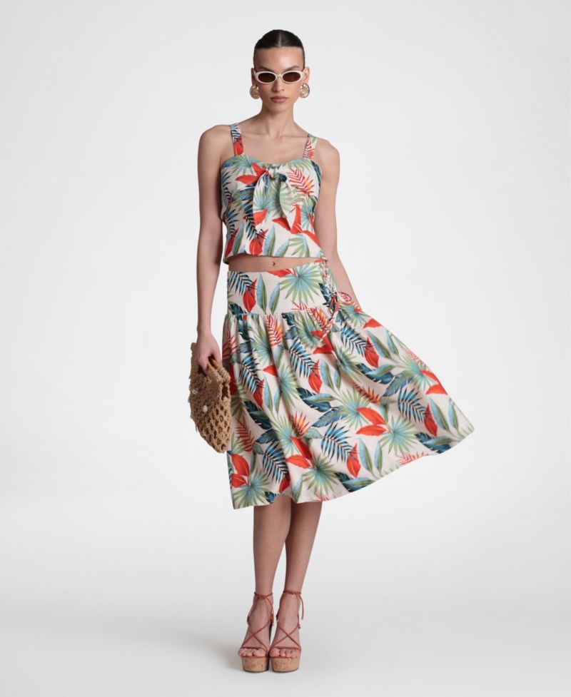 Women's Linen-Blend Side Tie Midi Skirt