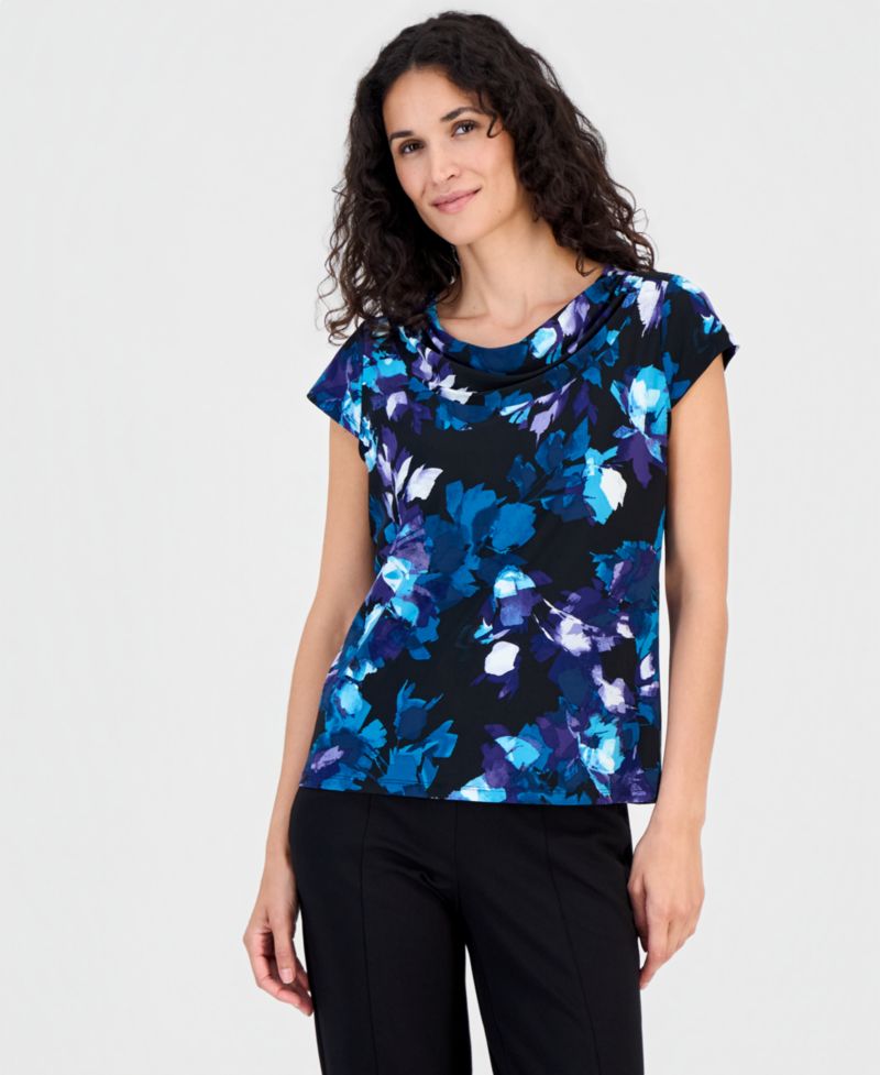 Women's Printed Cowl-Neck Cap-Sleeve Blouse