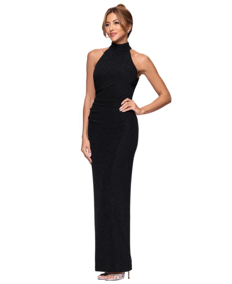Petite Mock Neck Metallic-Knit Sheath Gown
