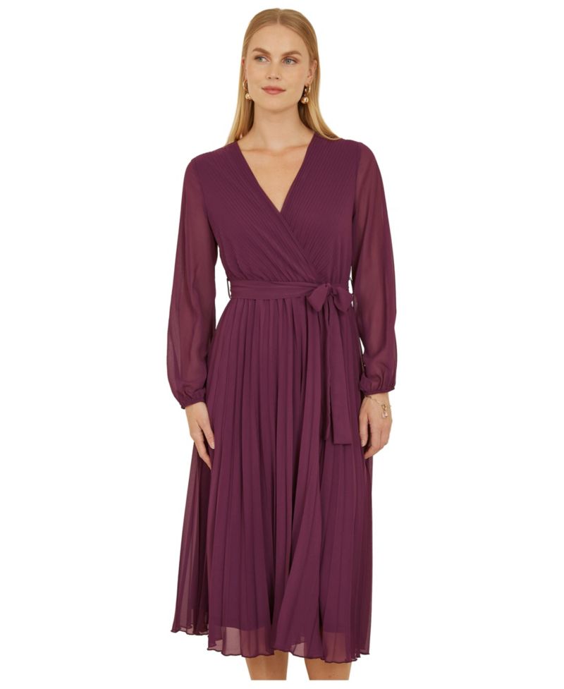 Women's Long Sleeved Pleated Midi Wrap Dress