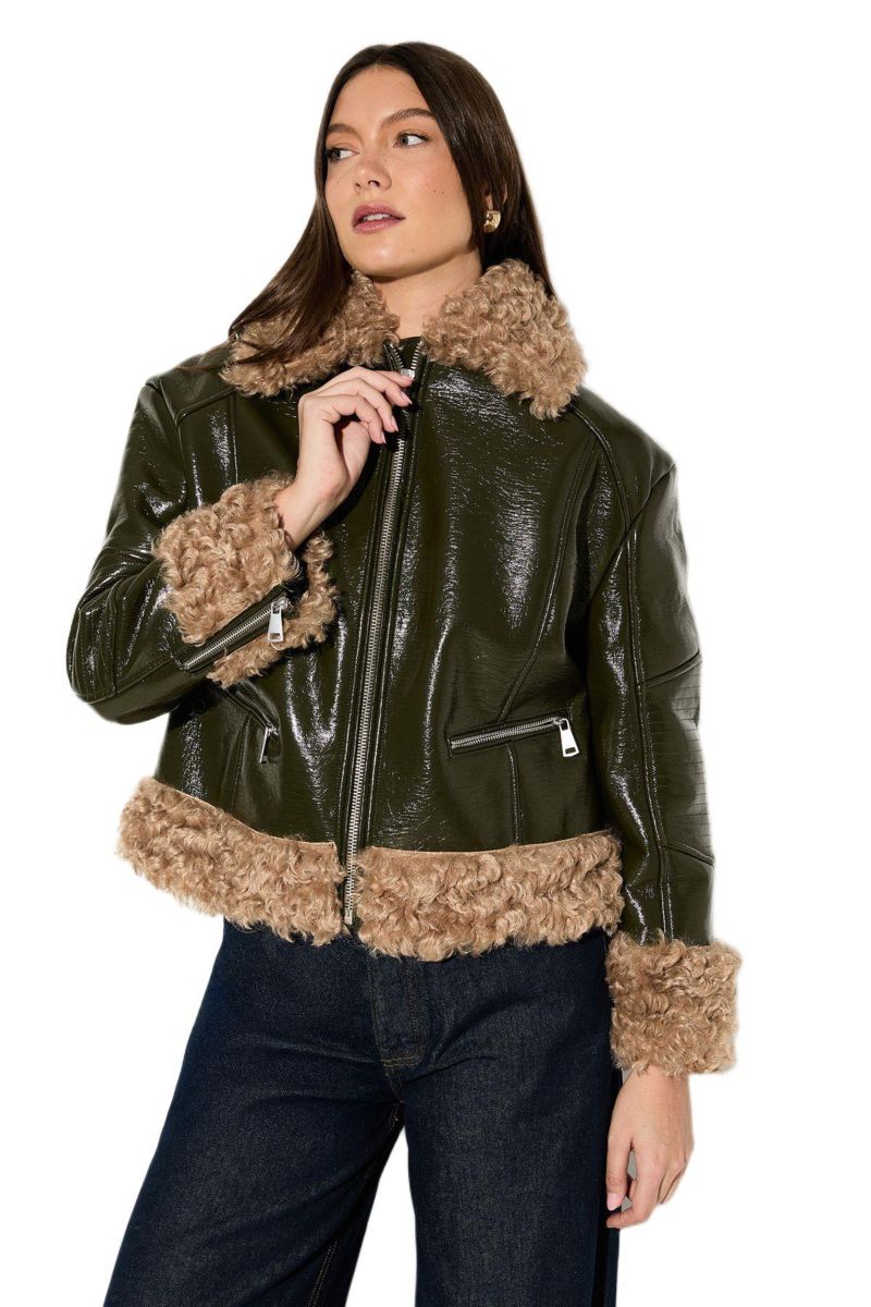 Women's Premium Faux Fur Collar Aviator Jacket