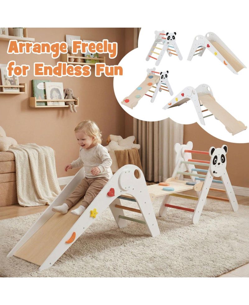 Ages 3+ Montessori Foldable 3-Piece Climbing Triangle, Slide, and Balance Bridge Set