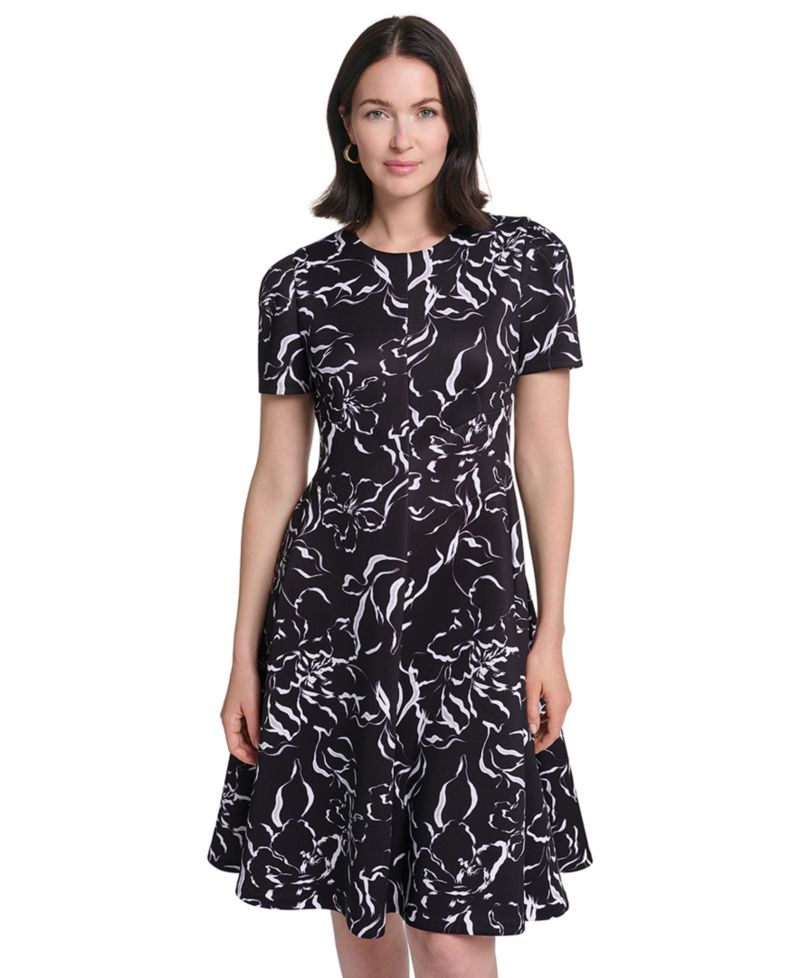 Petite Short-Sleeve Floral-Print Fit & Flare Midi Dress