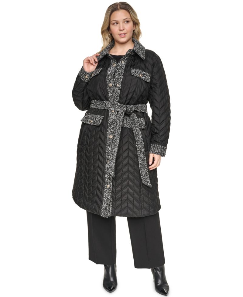 Plus Size Long Quilted Tweed-Trim Coat