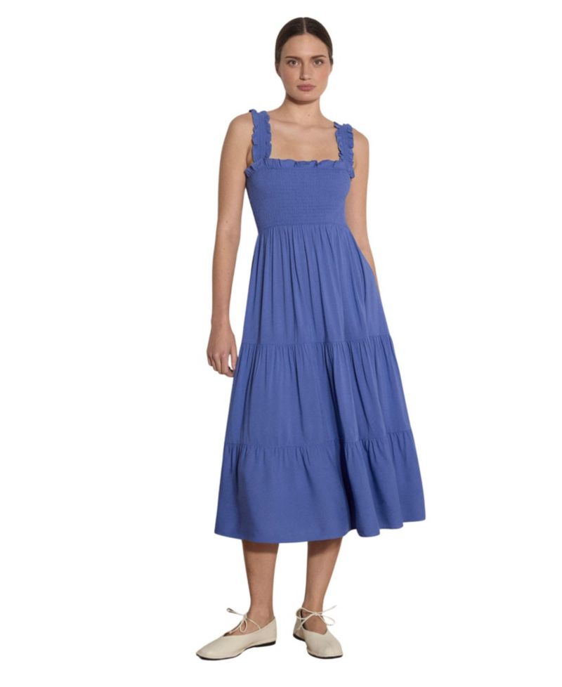 Women's Slub Smock Tiered Midi Square Neck Dress