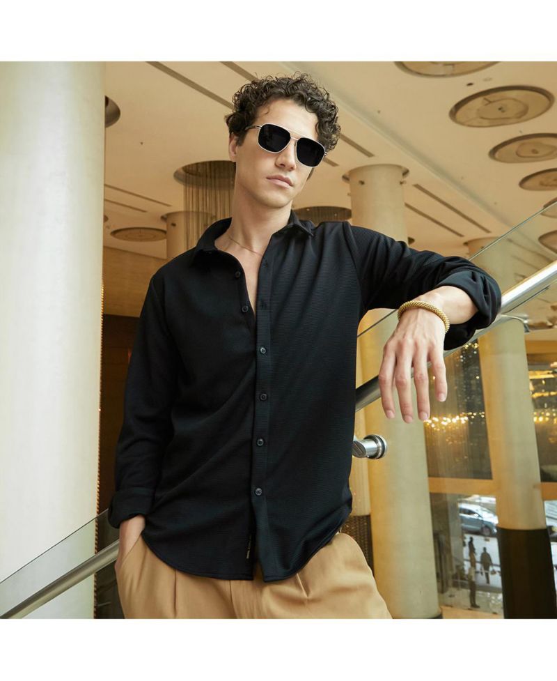 Men's Midnight Black Waffle-Textured Shirt
