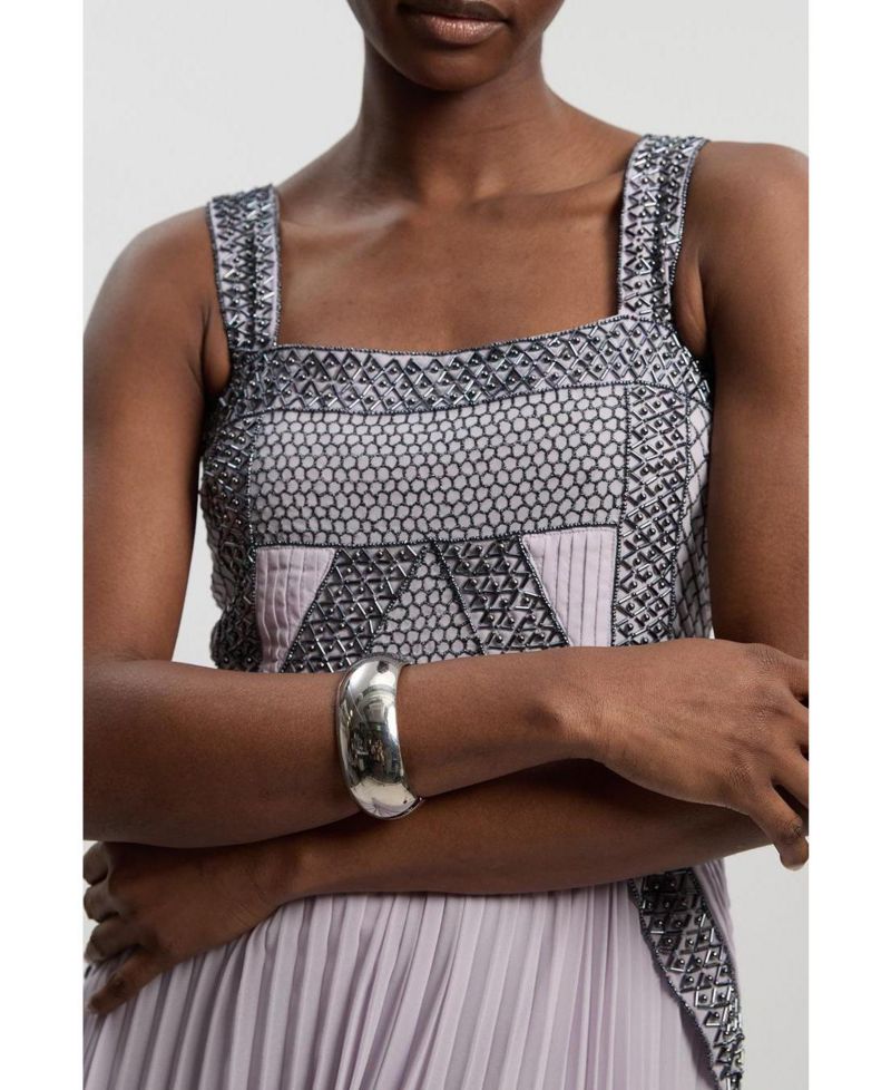 Women's Embellished Pleated Woven Midi Dress