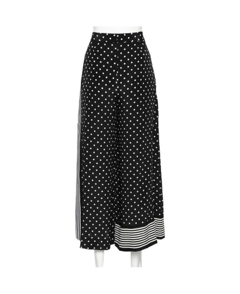 Women's Monochrome Polka Dotted Silk Wide Leg Pants