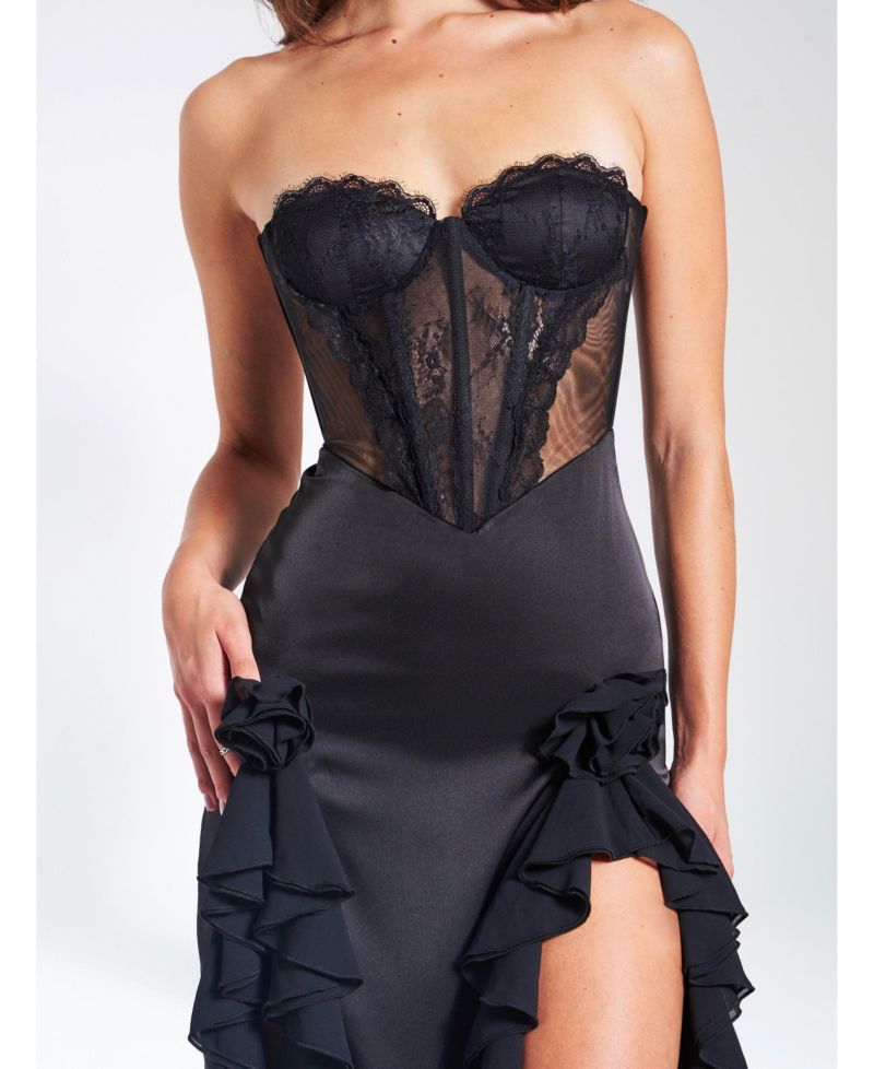Women's Talia Black Satin Lace Corset Maxi Dress