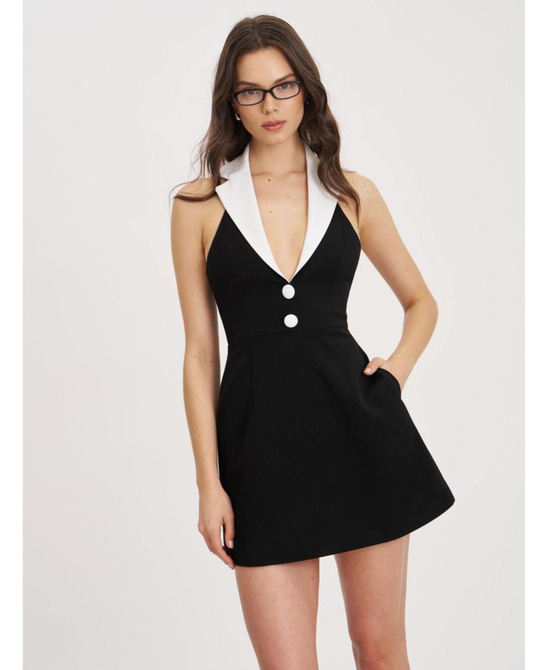 Women Ignacia Office Casual Black and White Halter Mini A-line Dress