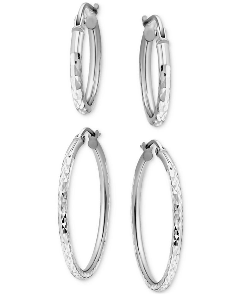 2-Pc. Set Faceted Texture Small Hoop Earrings in Sterling Silver