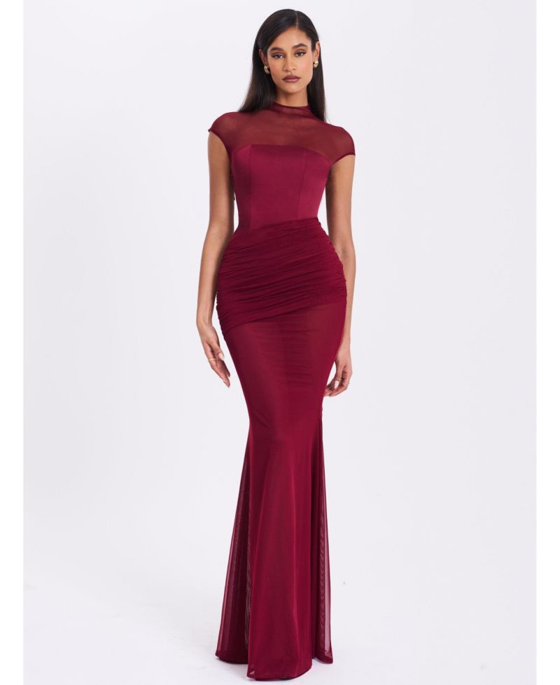 Women's Fabienne Burgundy Mesh Cap Sleeve Mermaid Gown
