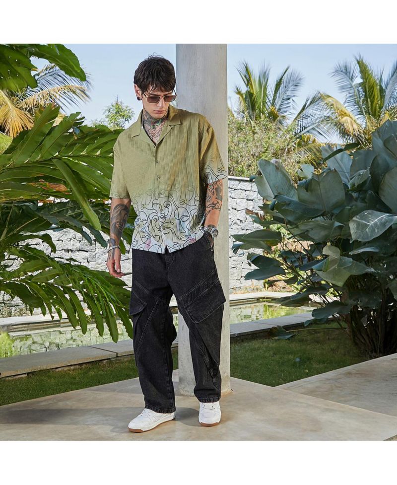 Men's Pistachio Green Faces-Ombre Oversized Shirt