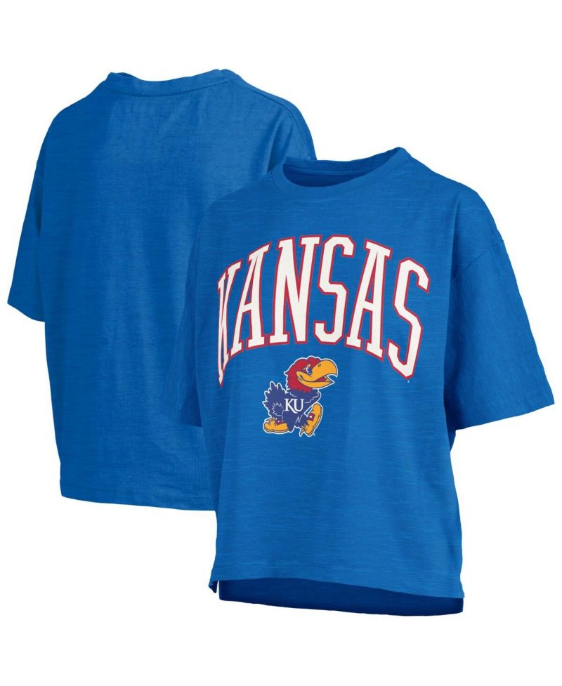 Women's Royal Kansas Jayhawks Nelson Arch Over Logo Waist Length Oversized Slub T-Shirt