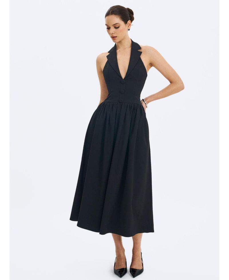 Women's Delaney Black Lapel Halter Midi A-Line Dress