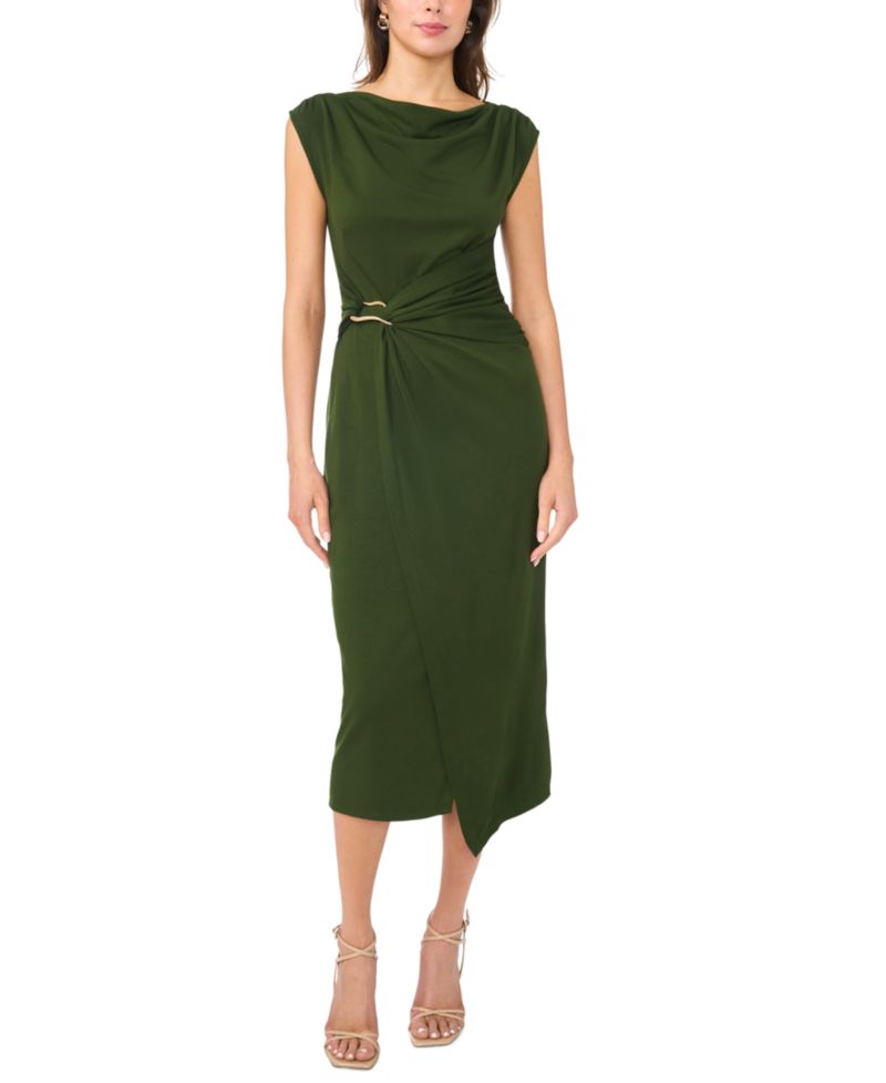 Women's Sleeveless Boat Neck Pont&eacute;-Knot Wrap Midi Dress
