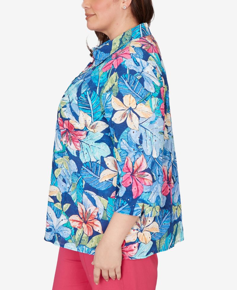 Plus Size The Royal Treatment Tropical Eyelet Button Down Top