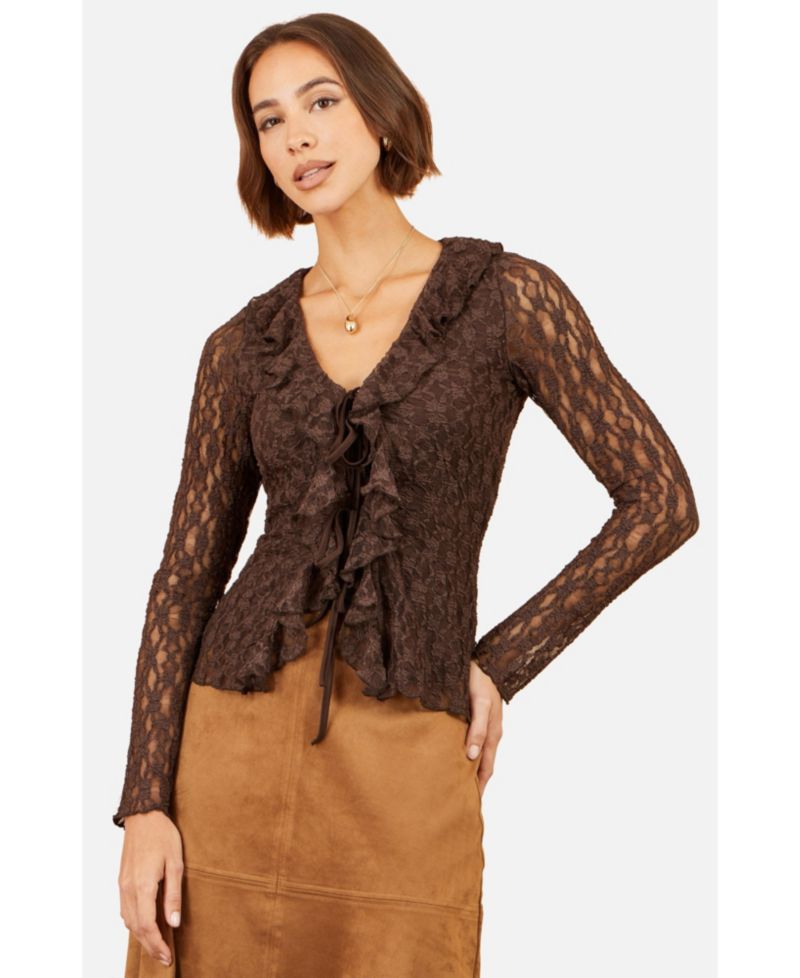 Women's Sheer Long Sleeve Ruffle Lace Top