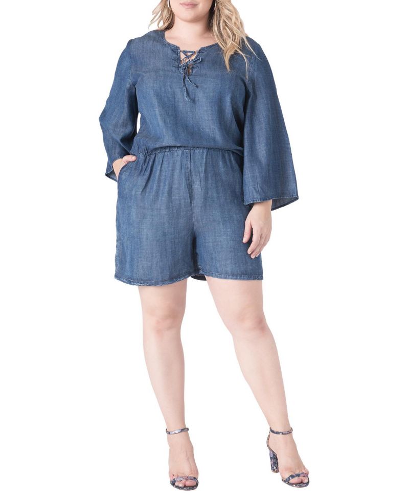 Plus Size Barbie Bell-Sleeve Lace-Up V-Neck Denim Romper