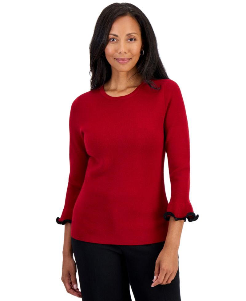 Petite Crew Neck Sculptural Cuff 3/4-Sleeve Sweater