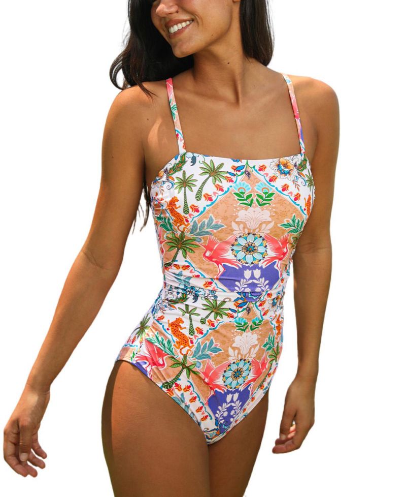 Women's Square Neck Ruched Pull-On Adjustable Strap One-Piece Swimsuit