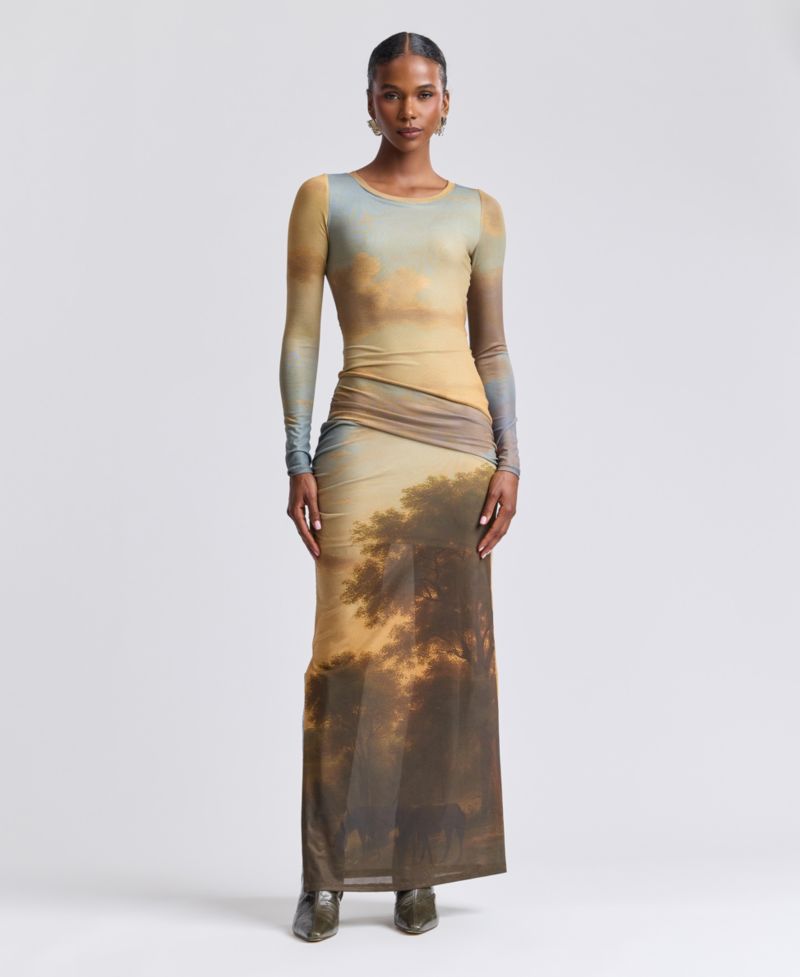 Women's Scoop Neck Long-Sleeve Shirred Waist Maxi Dress
