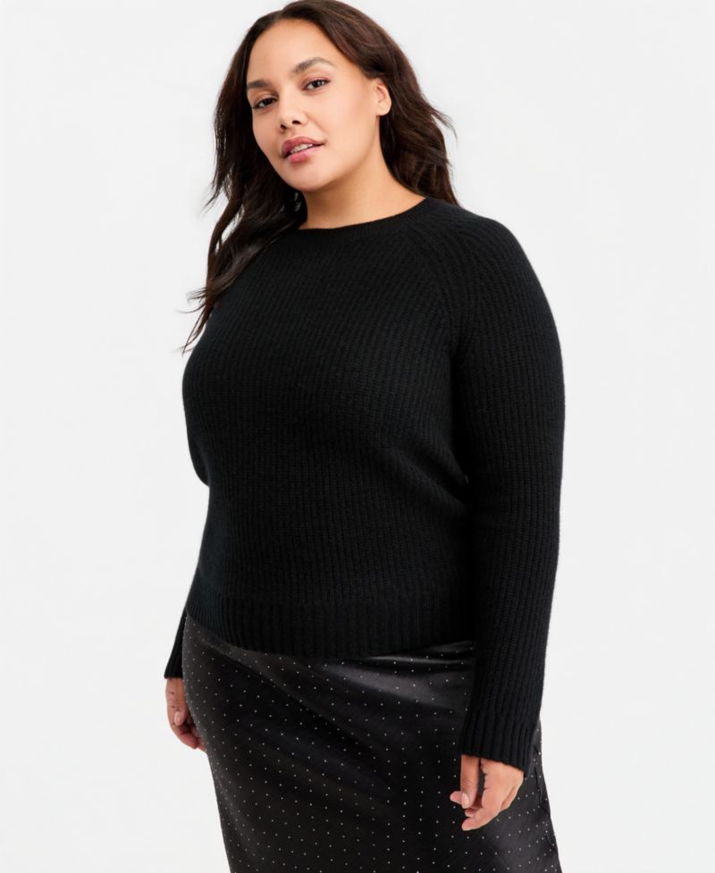 Plus Size 100% Cashmere Shaker Stitch Crewneck Sweater