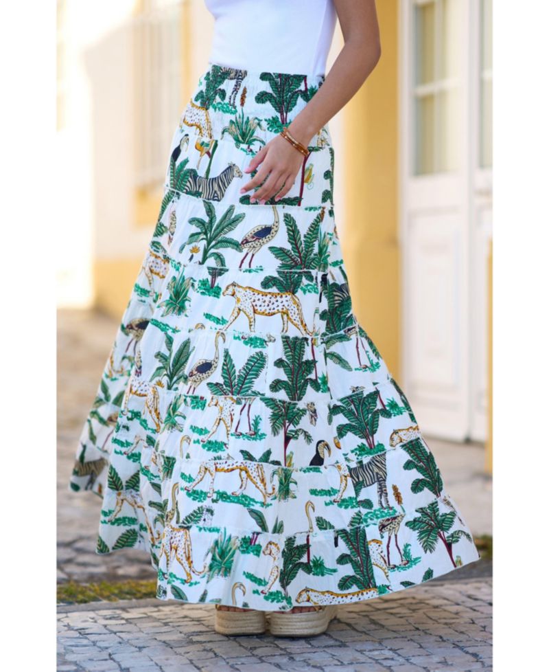 Women's Animal Print Cotton Tiered Maxi Skirt