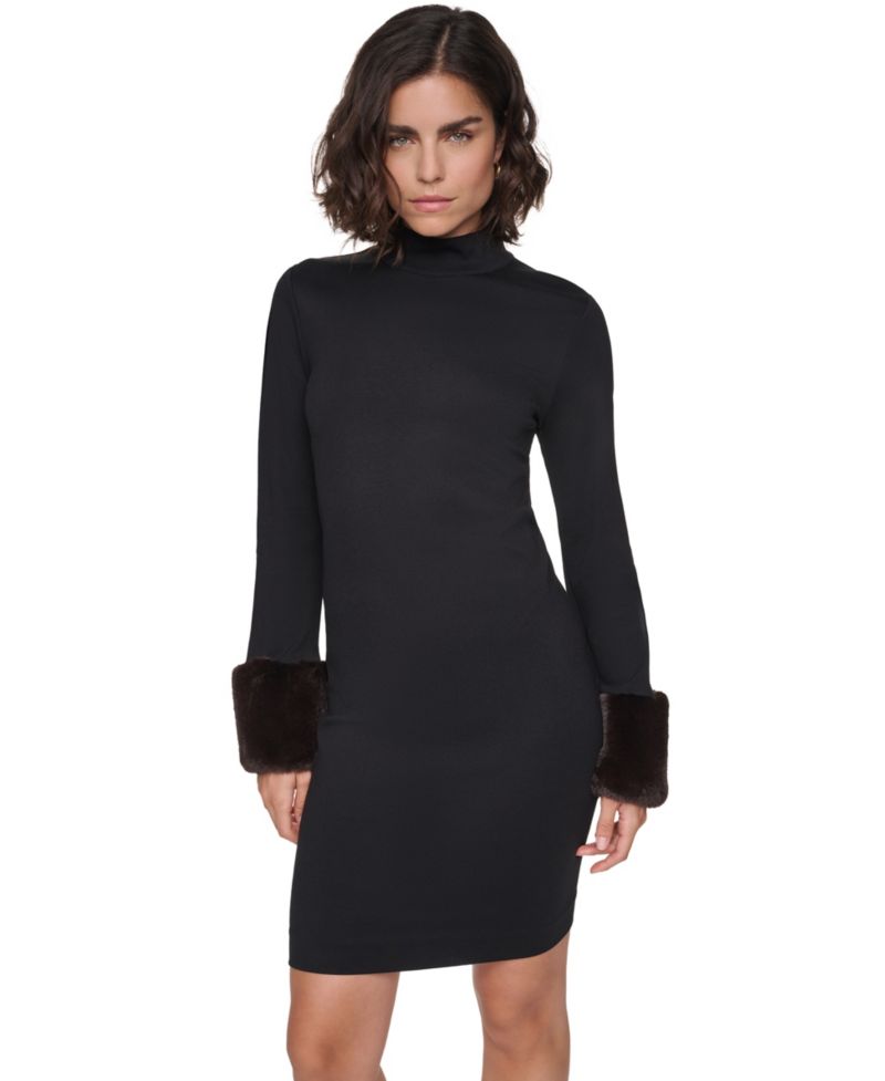 Women's Faux-Fur Cuff Mock Neck Long-Sleeve Sweater Dress